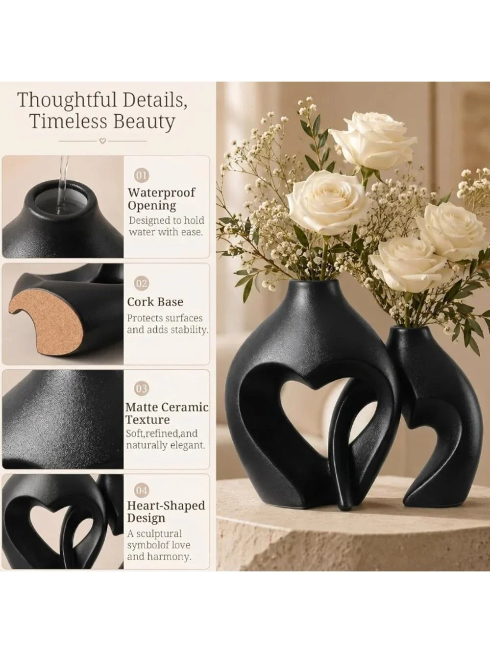 Set of 2 Black Heart Shaped Ceramic Vases - Minimalist Home Decor for Table